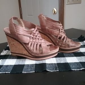 Frye Corrina Woven Tan Open Toe Leather Wedge Sandles Size 9 $248 New